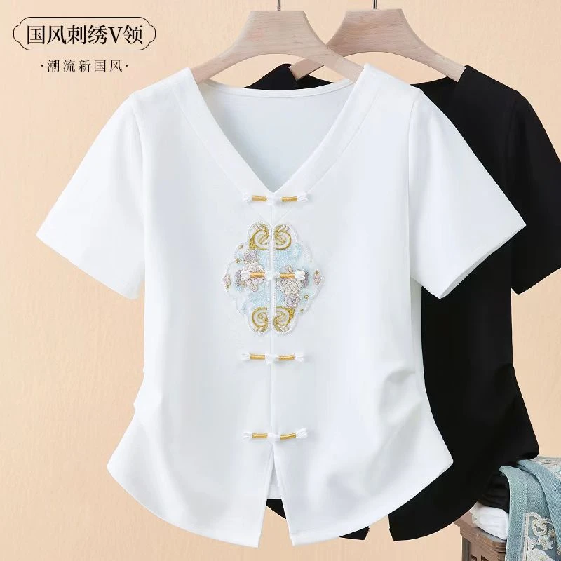 国风刺绣民族风显瘦气质开叉上衣唐装文艺新中式V领T恤百搭