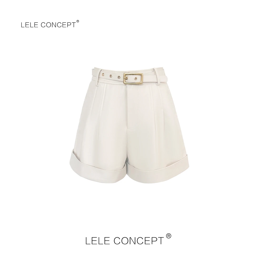 LELE CONCEPT｜秋冬金属扣细腰带挽边皮短裤K0240