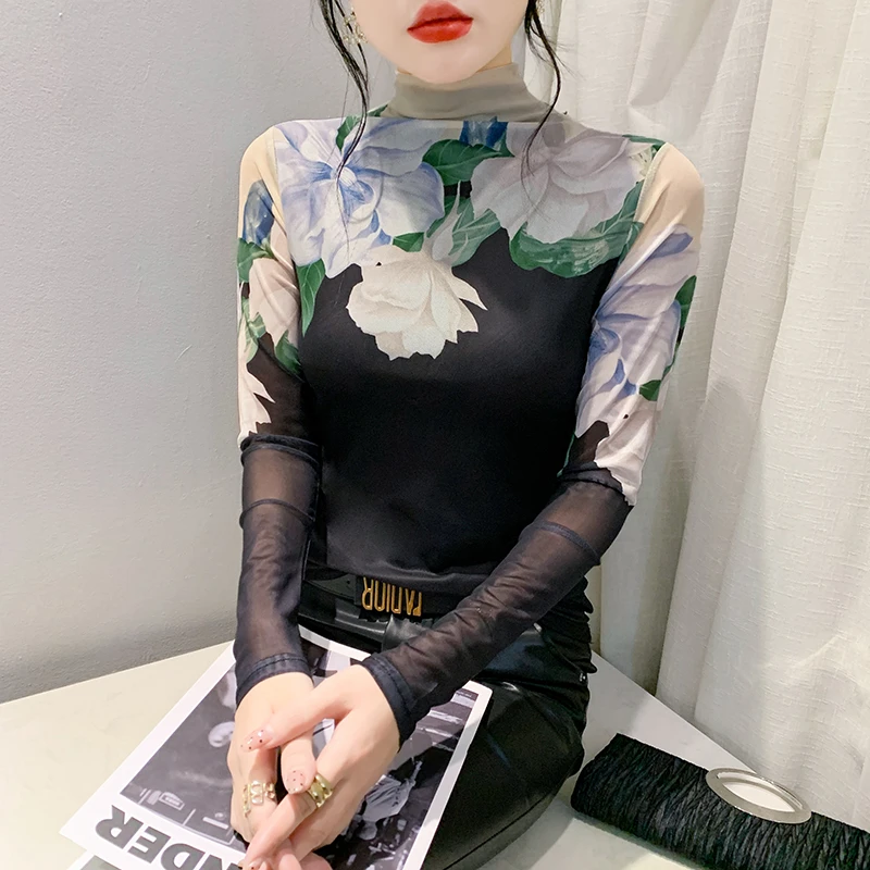 高领印花定位花网纱打底衫2024秋冬新款时尚洋气长袖黑色百搭T恤