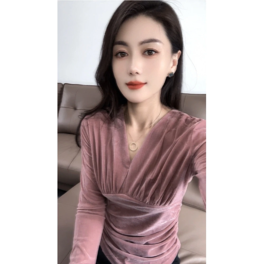 2025年春秋季新款欧货洋气v领网纱长袖T恤修身纯色显瘦百搭上衣女