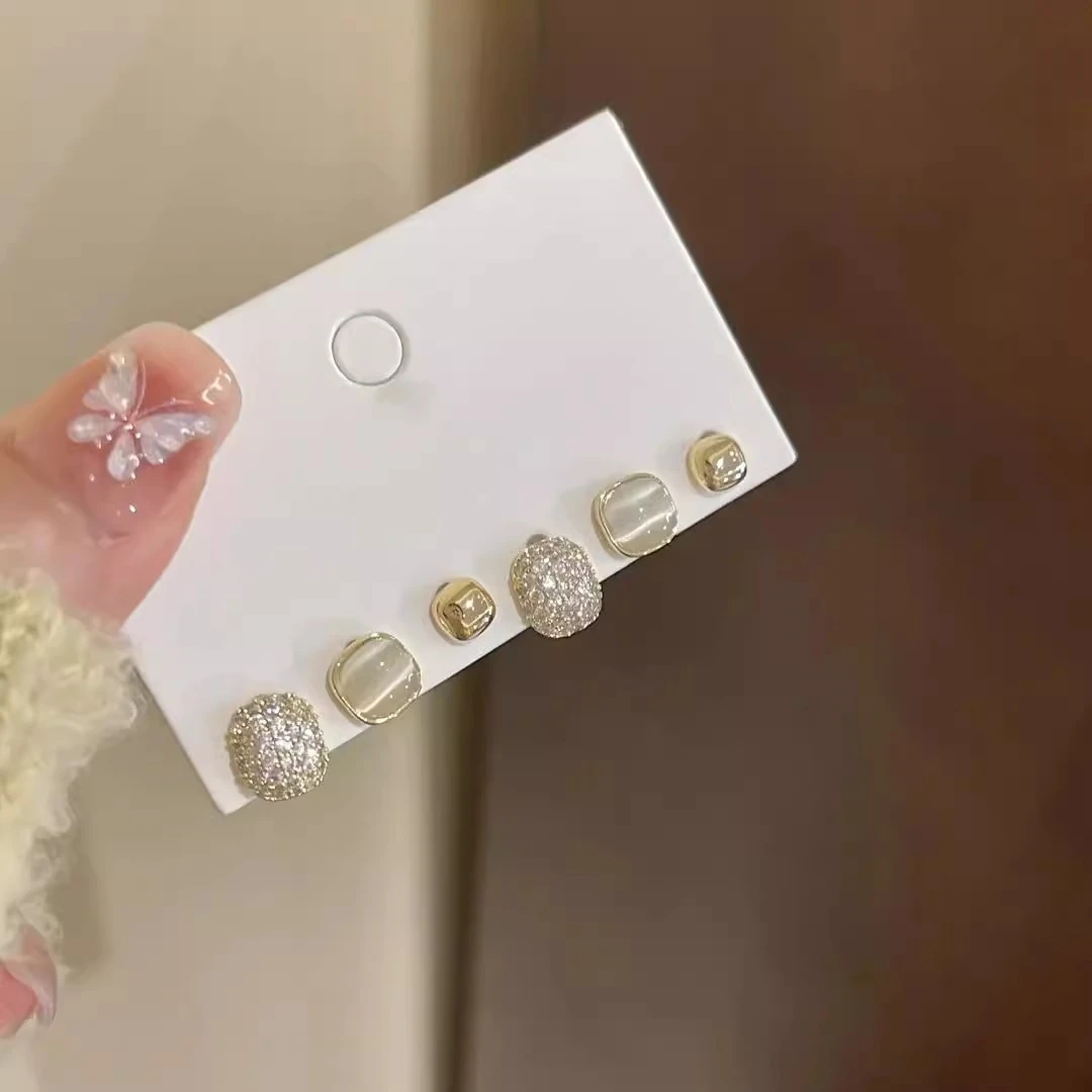 铜合金耳饰 925银针耳环秋冬金色耳钉六件套百搭温柔小香风耳骨钉