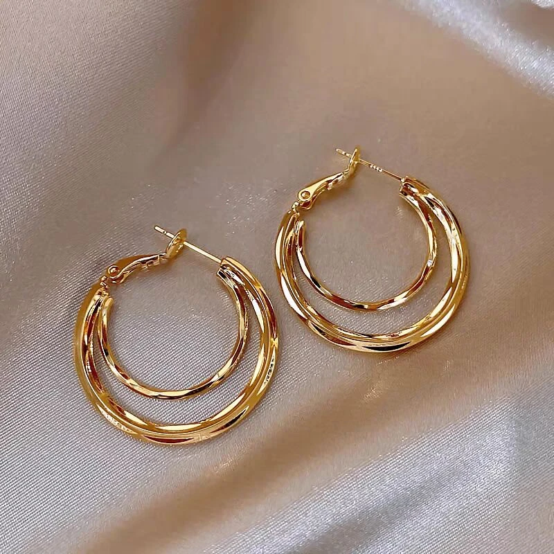 铜合金耳饰 铜镀金耳饰三圈金色精致气质耳圈日常通勤冷淡风女潮