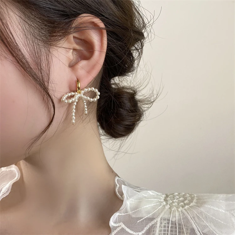 铜合金耳饰 淑女风蝴蝶结珠珠耳环温柔少女耳扣法式复古耳饰耳坠