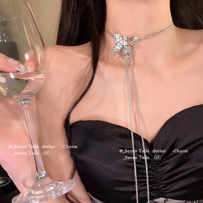 钛钢项链 抽拉蝴蝶项链女爆款锁骨链轻奢小众网红早春毛衣链颈链