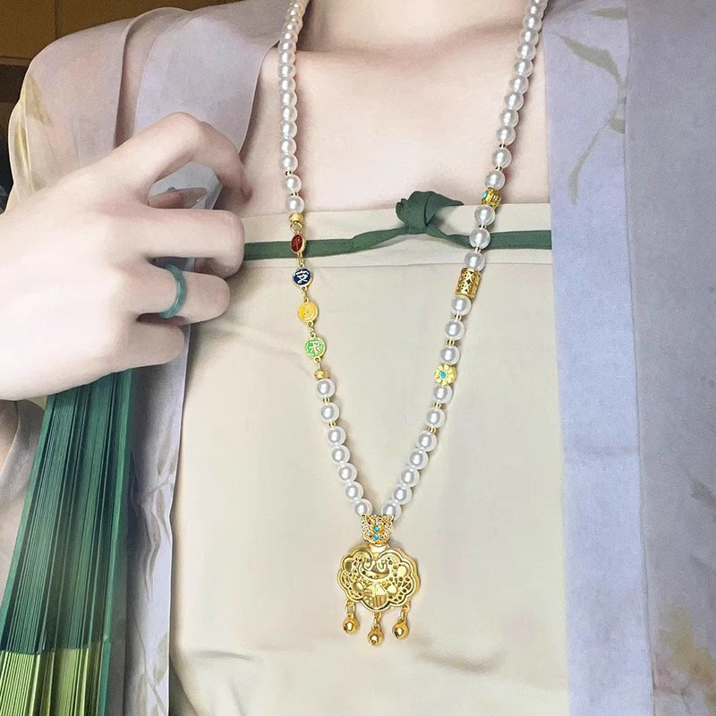 铜仿珍珠项链 千里江山~如意锁珠珠串珠长款项链女新中式高级配饰