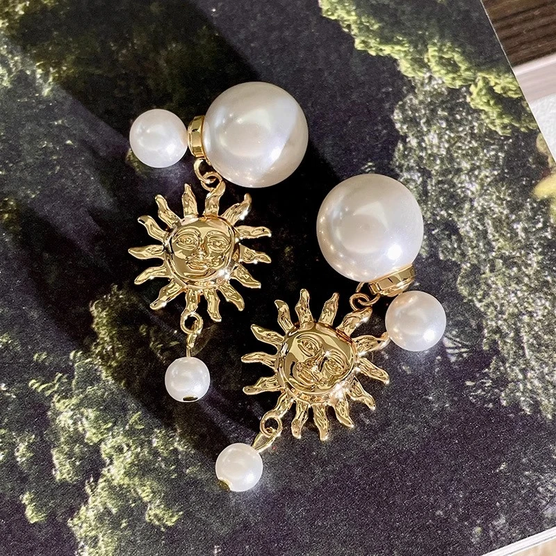 铜合金耳饰 前后珠珠耳环冬季高级感气质珠珠耳饰精致太阳花耳坠