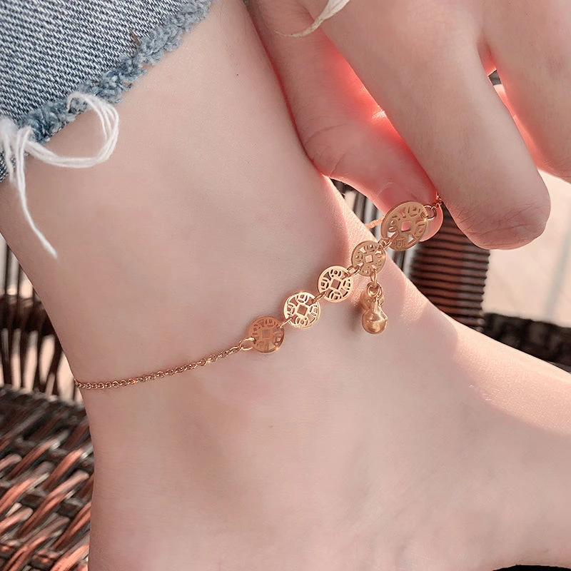 钛钢脚链 2024款复古五钱铃铛钱币脚链简约钛钢不掉色古风足链潮