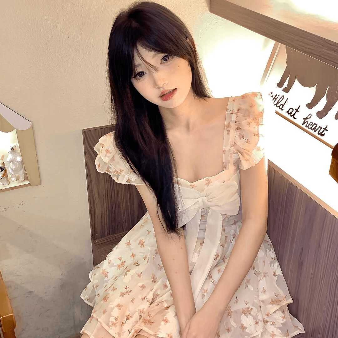 法式甜美风小飞袖碎花方领连衣裙女夏蝴蝶结收腰在逃公主