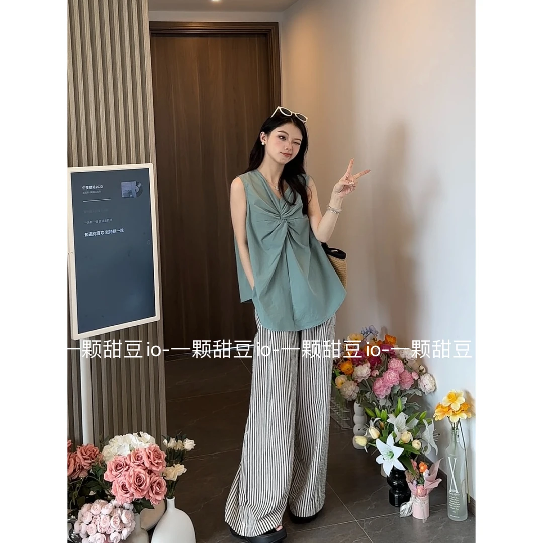 1339法式蝴蝶结绿色背心衬衫女夏季小个子上衣条纹阔腿裤两件套装