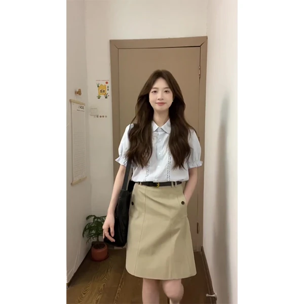 1384~polo领泡泡袖衬衫女套装夏季学院风显瘦上衣时尚休闲半裙