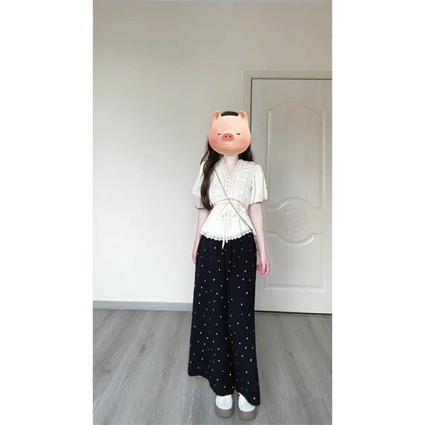 夏季v领娃娃衫小个子收腰显瘦小衫黑色波点长裤两件套装女1360