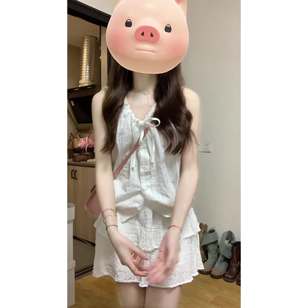 2006无袖上衣女蕾丝夏季外穿背心白色短裙荷叶边半身裙蓬蓬裙套装