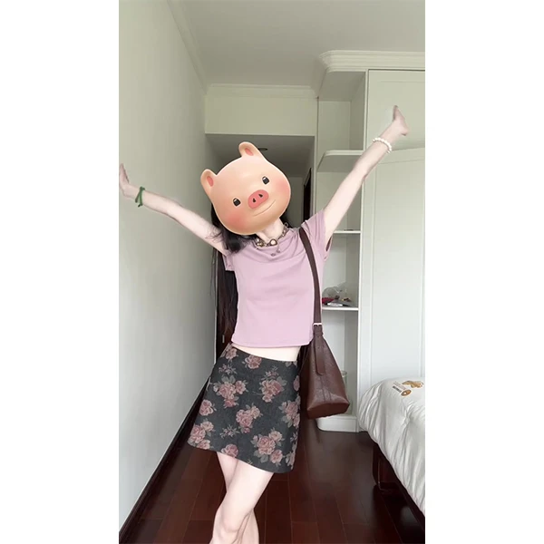 韩系气质修身短袖t恤甜辣高腰印花半身裙女短裙夏季新款时尚套装