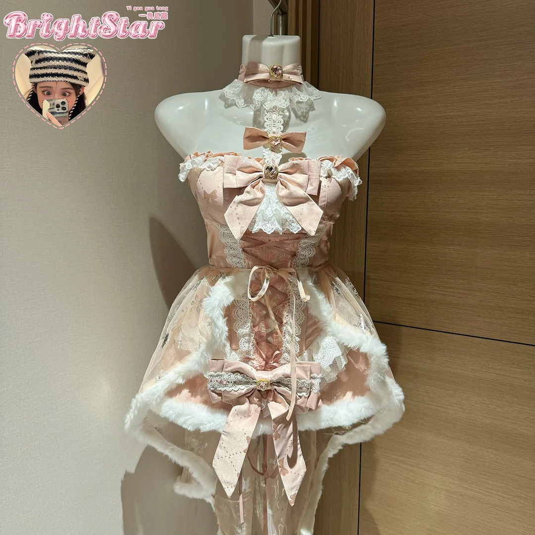 粉诞少女/秋冬氛围感约会战袍蝴蝶结束腰上衣毛绒半身裙两件套装