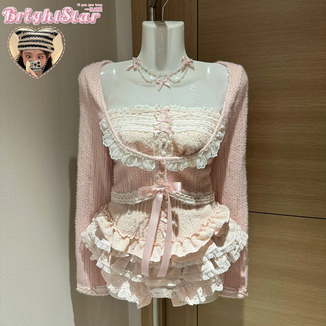 嗲嗲牌少女/软糯绒绒毛线针织开衫+毛呢胸衣+多层蛋糕裙裤三件套