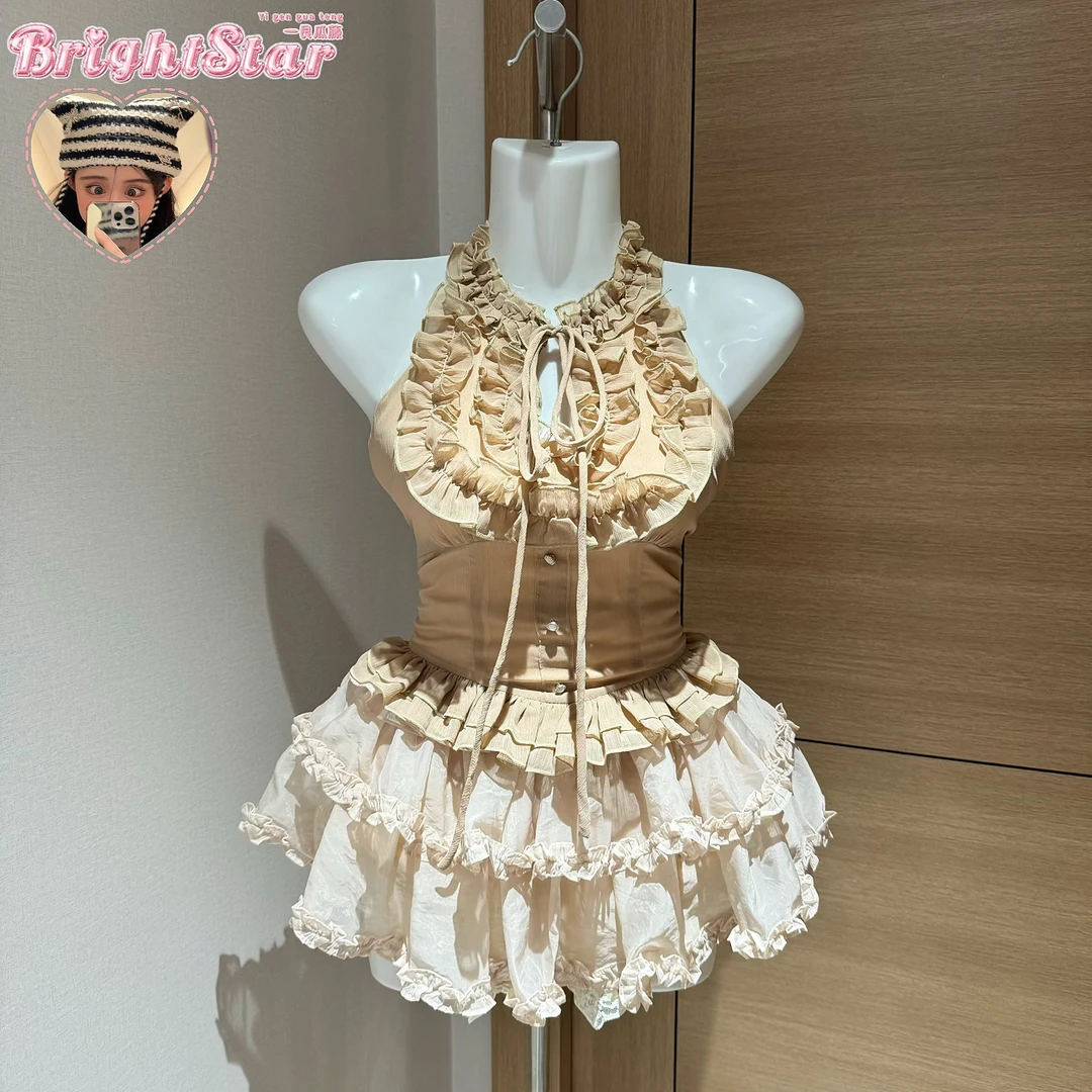 花瓣掉落时/荷叶边捏褶浪漫挂脖上衣褶皱蓬蓬蛋糕裙两件套装女