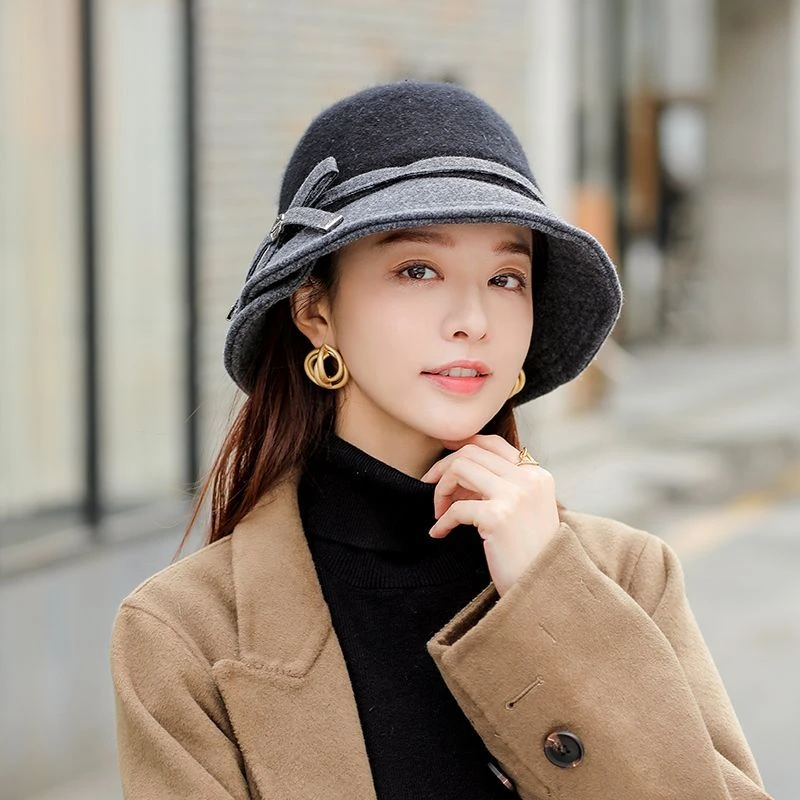 帽子女冬盆帽保暖帽子秋冬季蝴蝶结轻奢水桶帽优雅淑女渔夫帽冬天