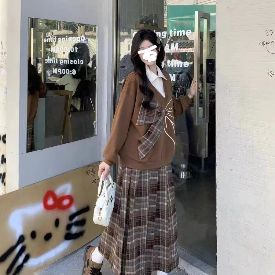 胖mm2024年秋别致设计大码甜美卫衣复古高腰半身裙韩系穿搭两件套