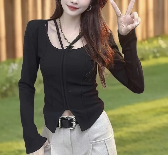 欧货名媛加厚长袖纯欲修身T恤女2024秋冬新款减龄打底衫上衣