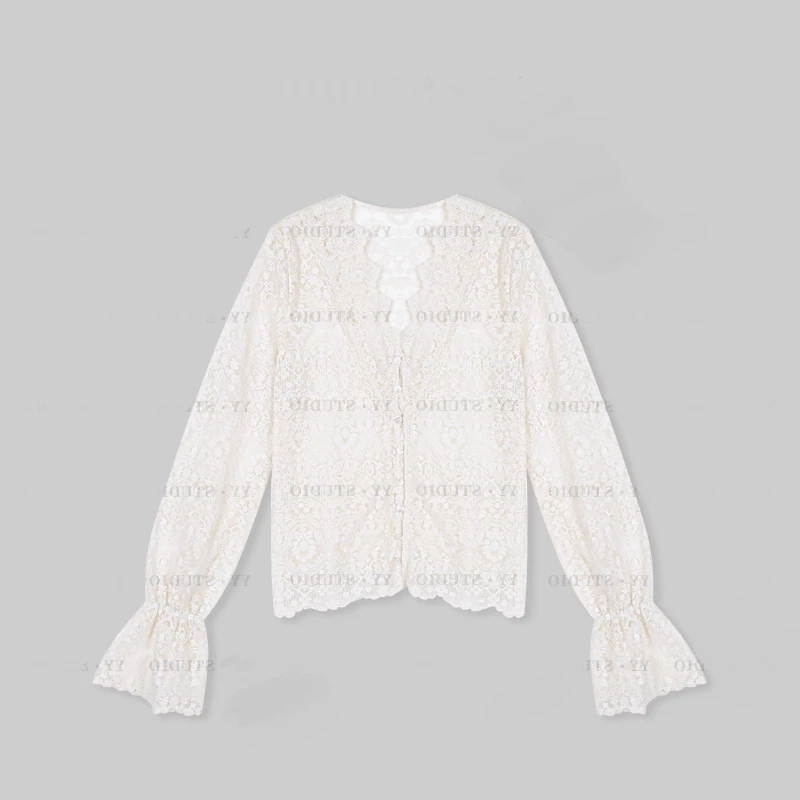 早秋百搭蕾丝防晒喇叭袖开衫长袖T恤YY-2111