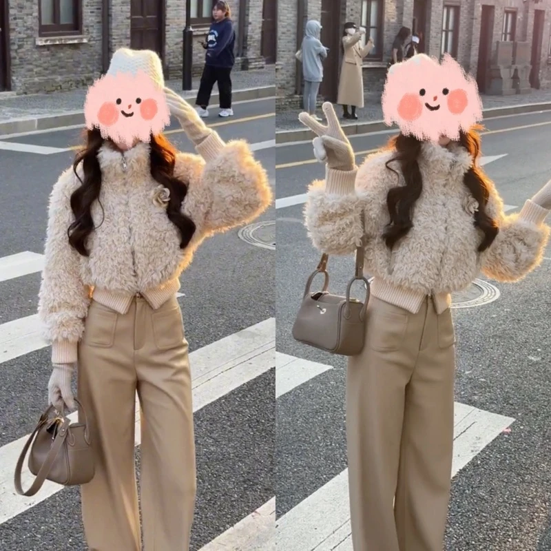 2024秋冬新款设计感高领收腰短外套高腰直筒休闲皮裤两件套