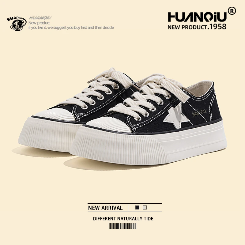 环球黑色星星帆布鞋女2023新款百搭女鞋防滑耐磨耐脏休闲厚底板鞋
