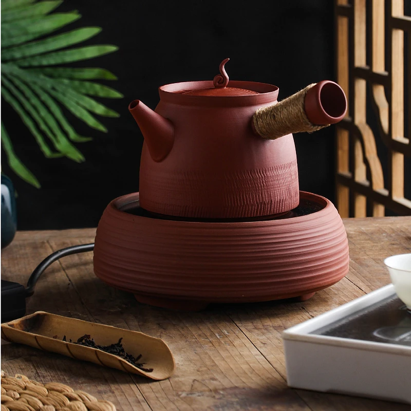 手工竹节电陶炉家用砂铫煮茶壶朱泥侧把烧水壶陶瓷泡茶壶电陶茶炉
