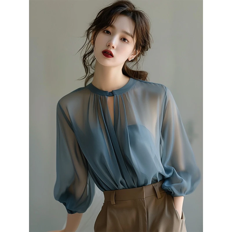 法式V领长袖衬衫女2025年早春新款设计感衬衣职业通勤微透上衣