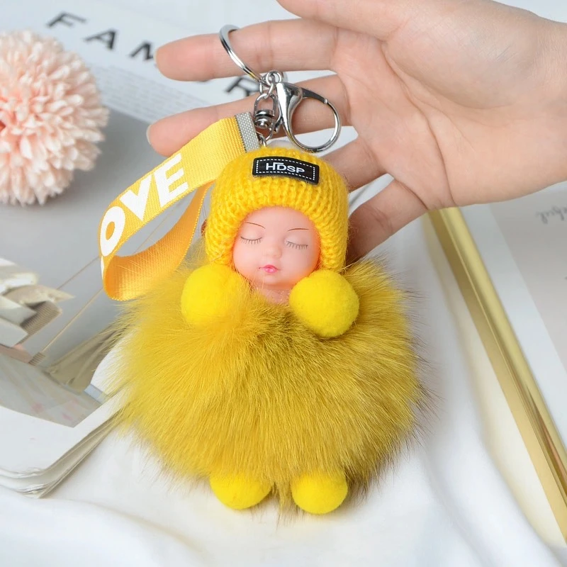 可爱手工睡眠宝宝狐狸毛皮草汽车钥匙扣创意小饰品包包挂件真毛