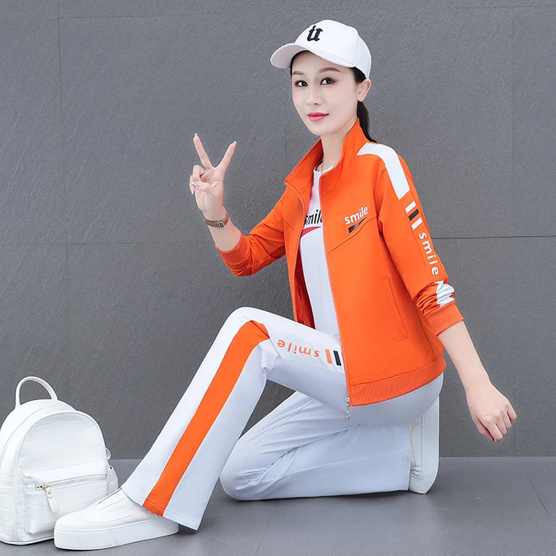 高档休闲运动套装女士春秋新款时尚宽松显瘦大码时髦喇叭裤三件套