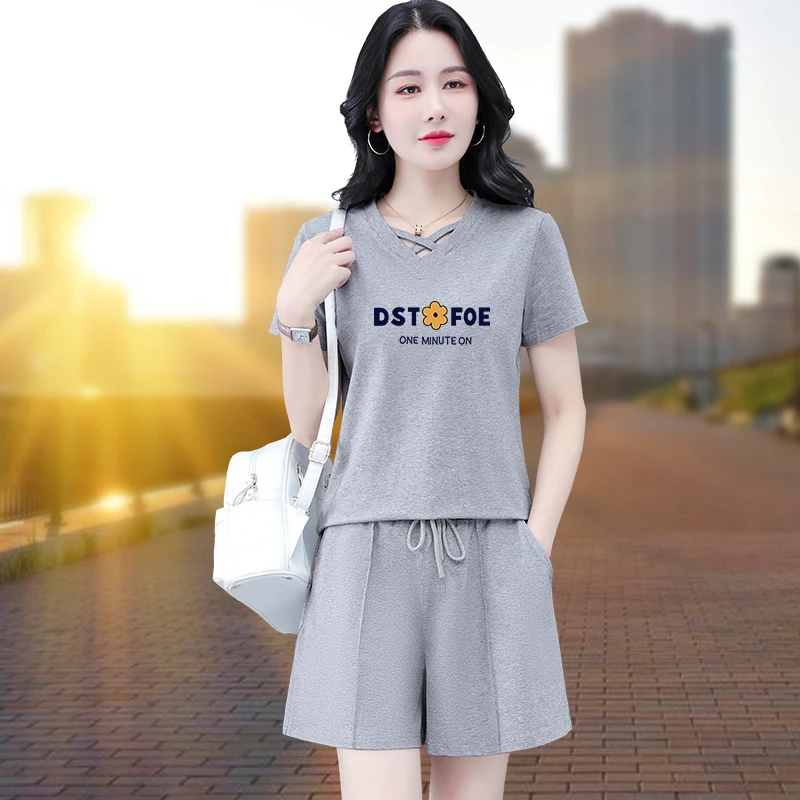 高档棉短袖短裤套装女士夏季新款时尚宽松大码遮肉显瘦减龄两件套