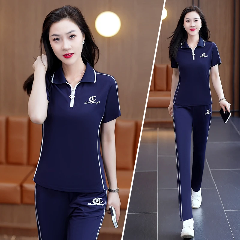 高档冰丝短袖休闲运动服套装女士夏季新款时尚宽松气质跑步两件套