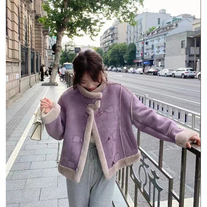 9924欧货高级感立领皮毛一体加厚牛角扣外套秋冬款韩版宽松外套