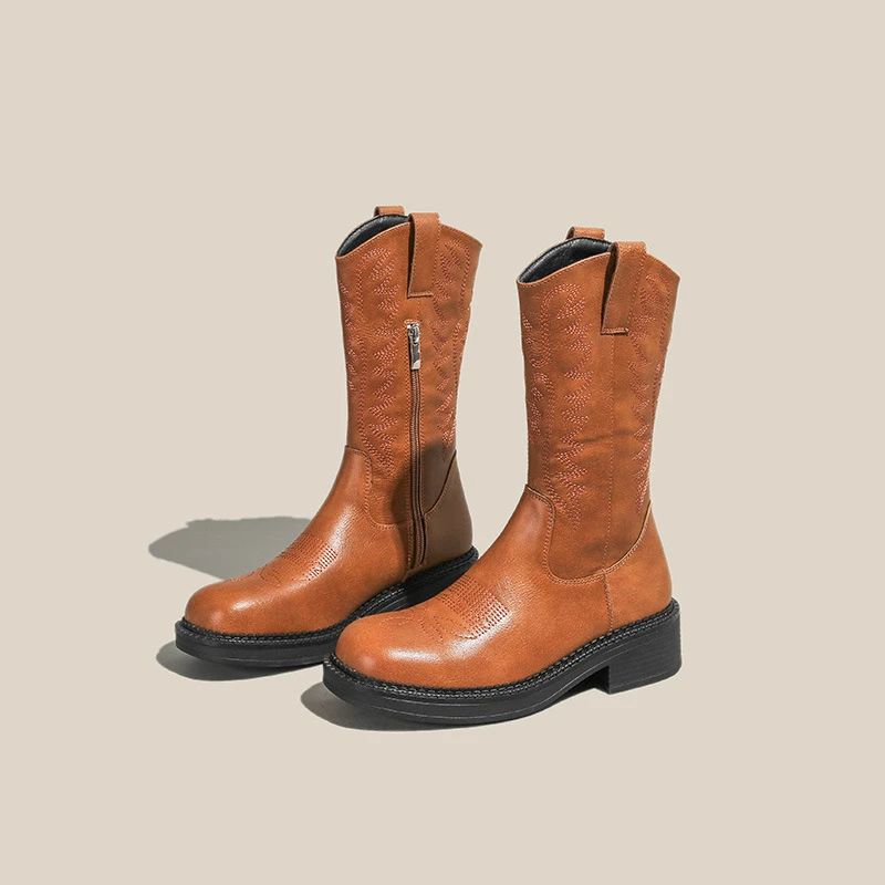 2025- 复古中筒西部牛仔靴秋冬新款V口刺绣套筒粗跟骑士靴女