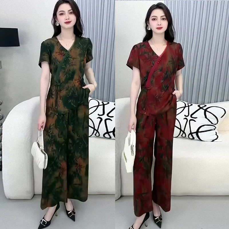 夏季大码中老年妈妈时尚套装印花时尚新中式上衣阔腿裤减龄两件套