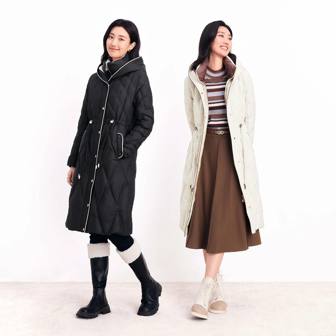 【珂莱蒂尔】百搭菱格纹修身秋冬白鸭绒中长款羽绒服KR00995V1
