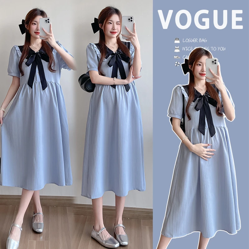 实拍 现货孕妇装夏季新款娃娃领宽松显瘦遮肉中长款孕妇连衣裙