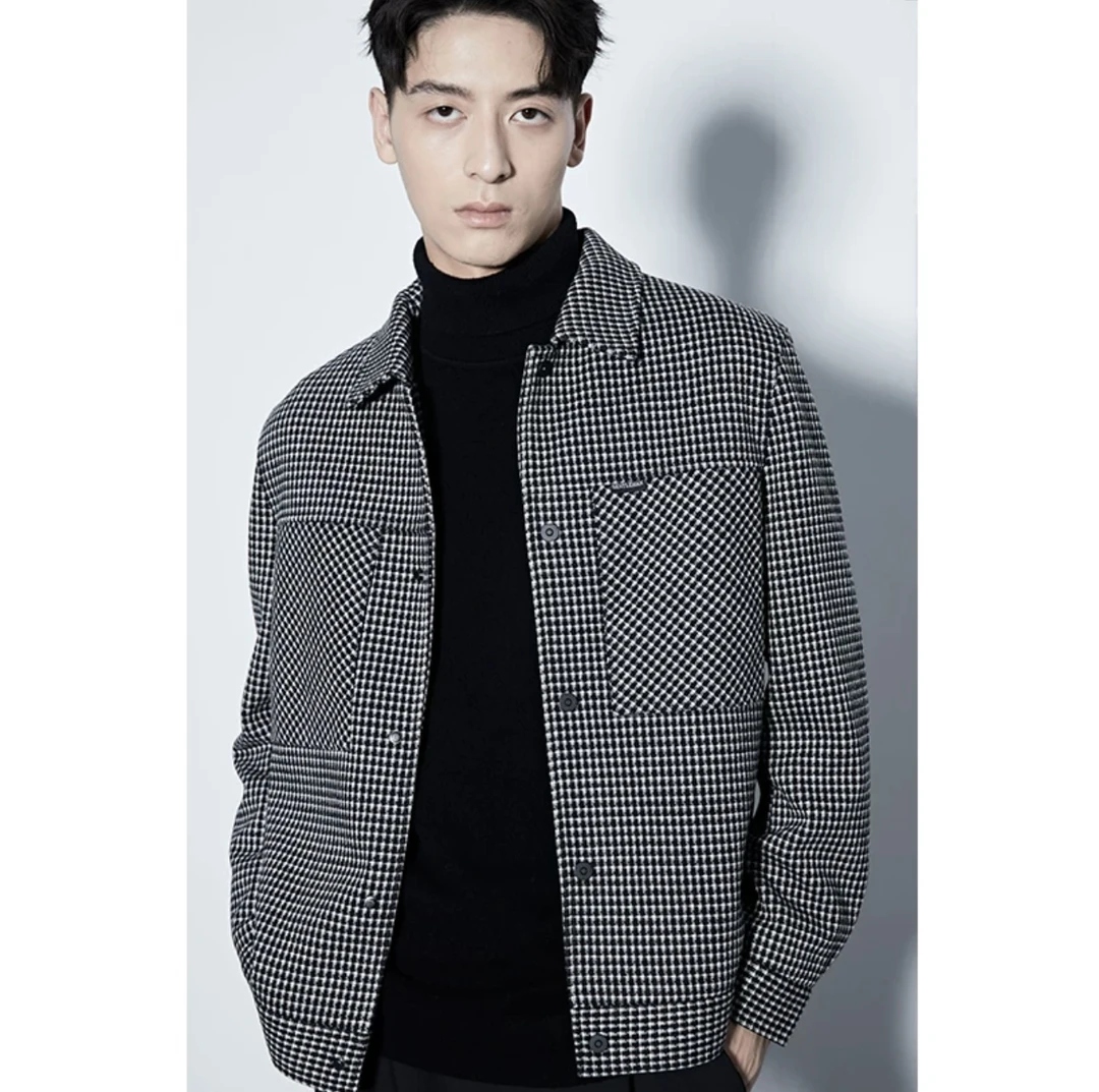 男士千鸟格毛呢外套秋季韩版通勤百搭宽松帅气夹克上衣22339