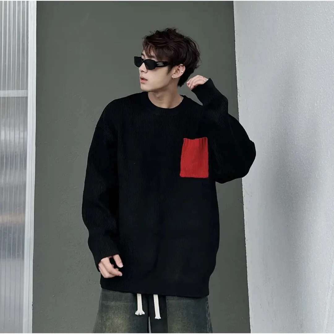 撞色口袋拼接毛衣   秋季新款男士简约宽松上衣36822
