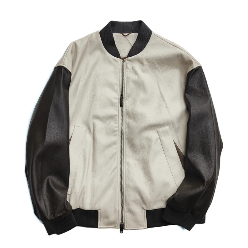 新款男士经典百搭撞色棒球领短款软皮PU皮衣342017（微次）美式