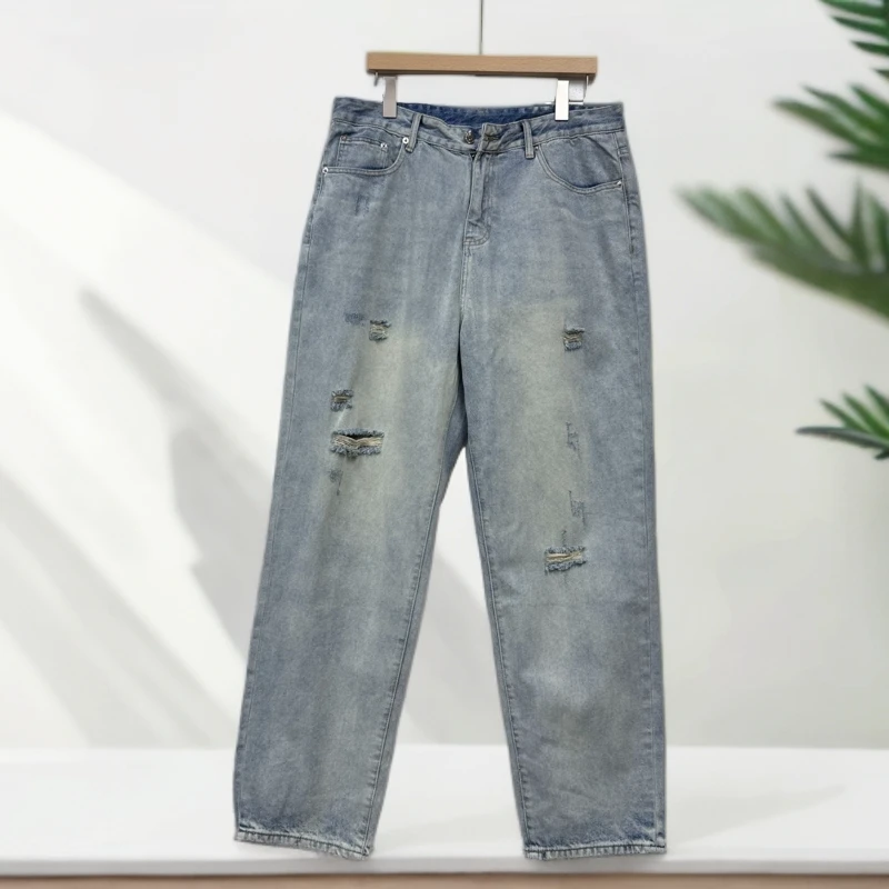 秋季新款男士休闲百搭潮流时尚宽松水洗直筒破洞牛仔裤23002