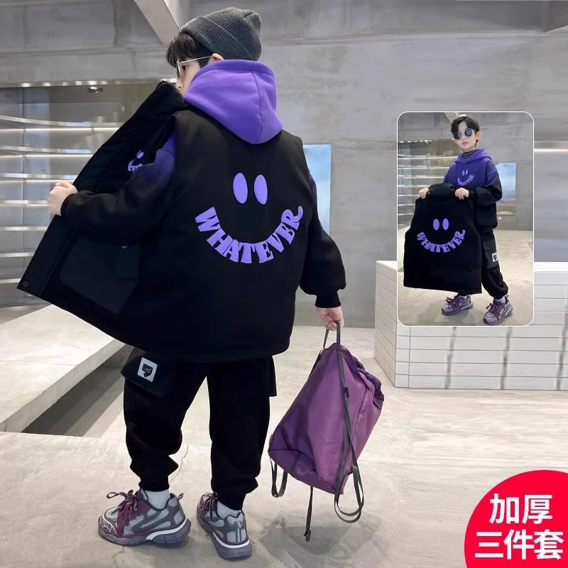 男童加绒套装2024新款冬装加厚中大儿童男孩冬款卫衣三件套冬装潮