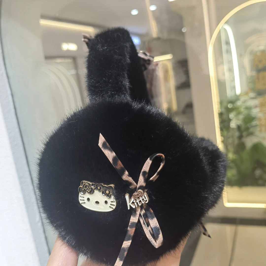 A814粉色豹纹蝴蝶结KT黑色毛毛耳暖耳罩