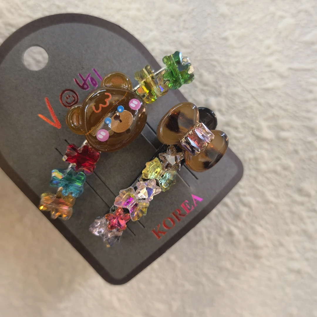 A491咖色小熊豹纹蝴蝶结闪闪泡菜款边夹一对