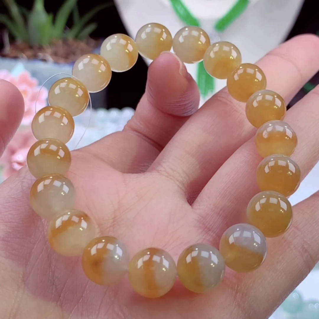 收藏级缅甸天然翡翠A货冰种起胶招财聚宝盆黄翡手串卡10mm