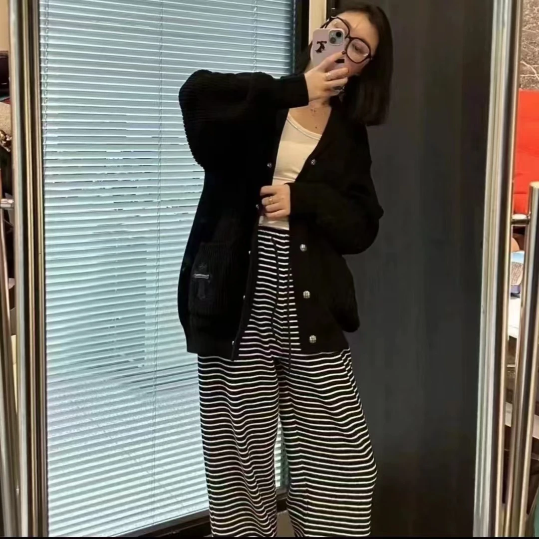 【慕典优选】13时尚休闲百搭显瘦直筒针织黑白条秋冬绒绒裤