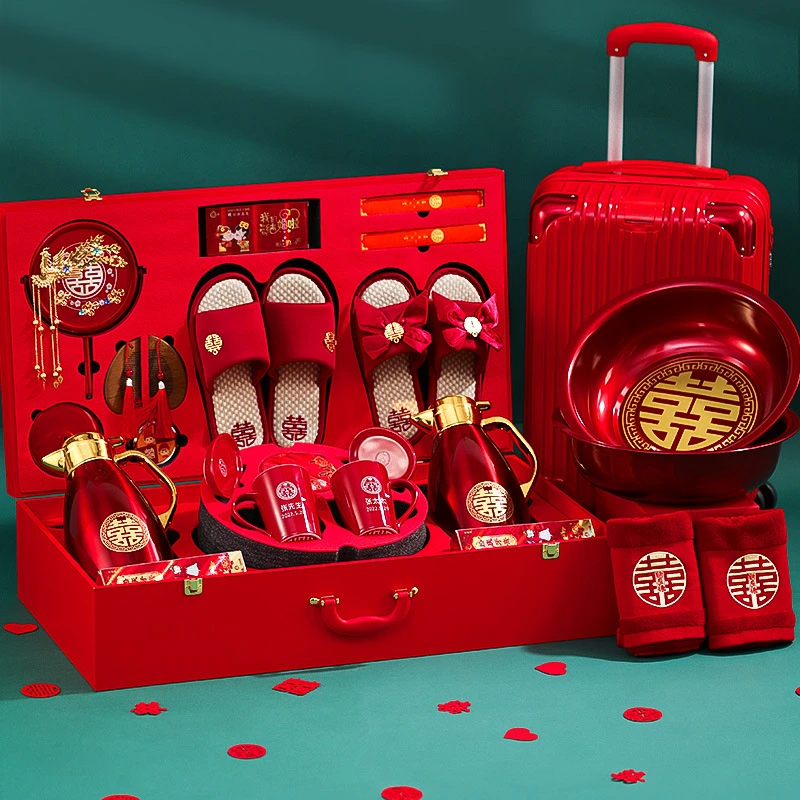 陪嫁物品女方结婚全套装娘家高档婚礼红色行李箱嫁妆婚庆用品大全