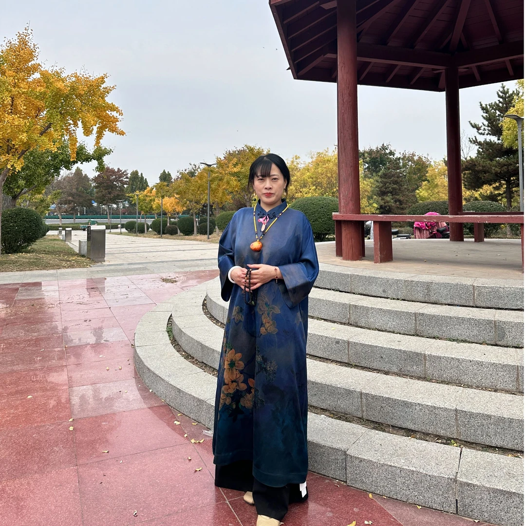 60姆米重锻蓝色玉兰花中式气质中长款连衣裙100桑蚕丝款中国风