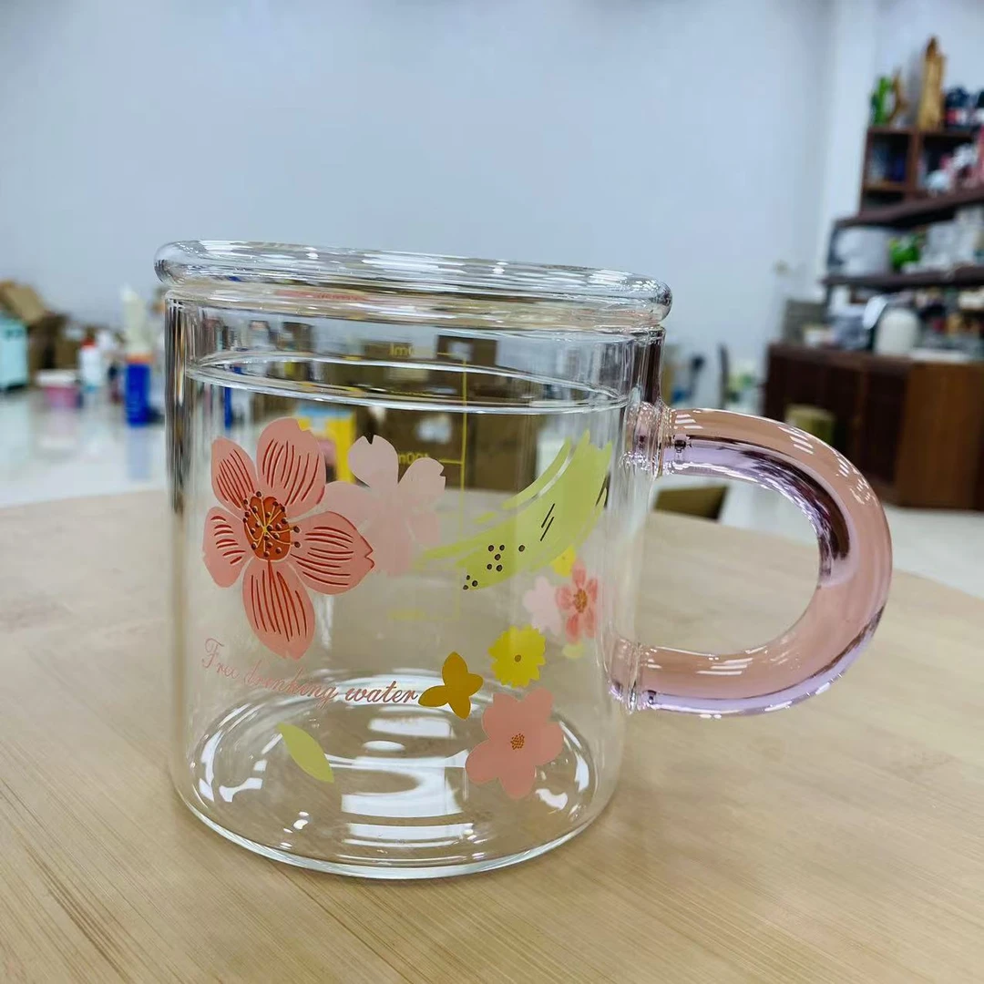樱花玻璃盖蹲蹲杯水杯果汁杯牛奶杯600ml