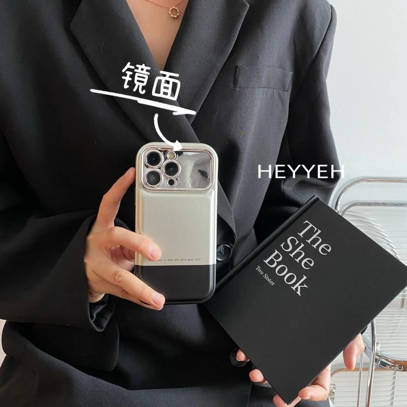 撞色黑银大视窗镜面适用iPhone15promax苹果14手机壳13全包软壳12